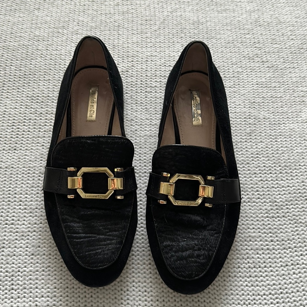 Vintage Louise et Cie Leather/Cow Hair Loafers Black and Gold Size 8